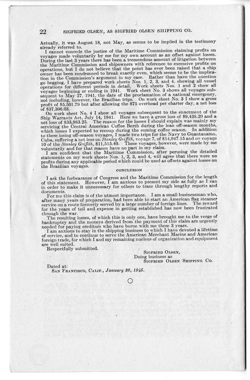 Memorandum from Harold D. Smith to M. C. Latta, H.R. 1566, For the Relief of Sigfried Olsen, Doing Business as Sigfried Olsen Shipping Company, with Attachments