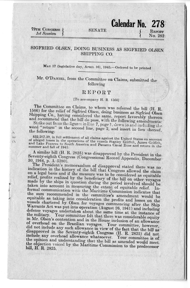 Memorandum from Harold D. Smith to M. C. Latta, H.R. 1566, For the Relief of Sigfried Olsen, Doing Business as Sigfried Olsen Shipping Company, with Attachments