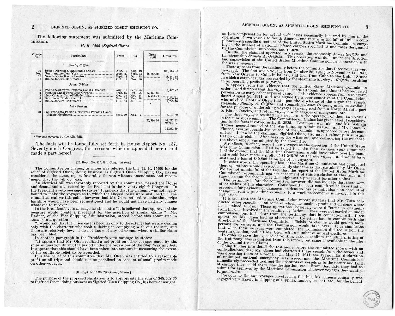 Memorandum from Harold D. Smith to M. C. Latta, H.R. 1566, For the Relief of Sigfried Olsen, Doing Business as Sigfried Olsen Shipping Company, with Attachments