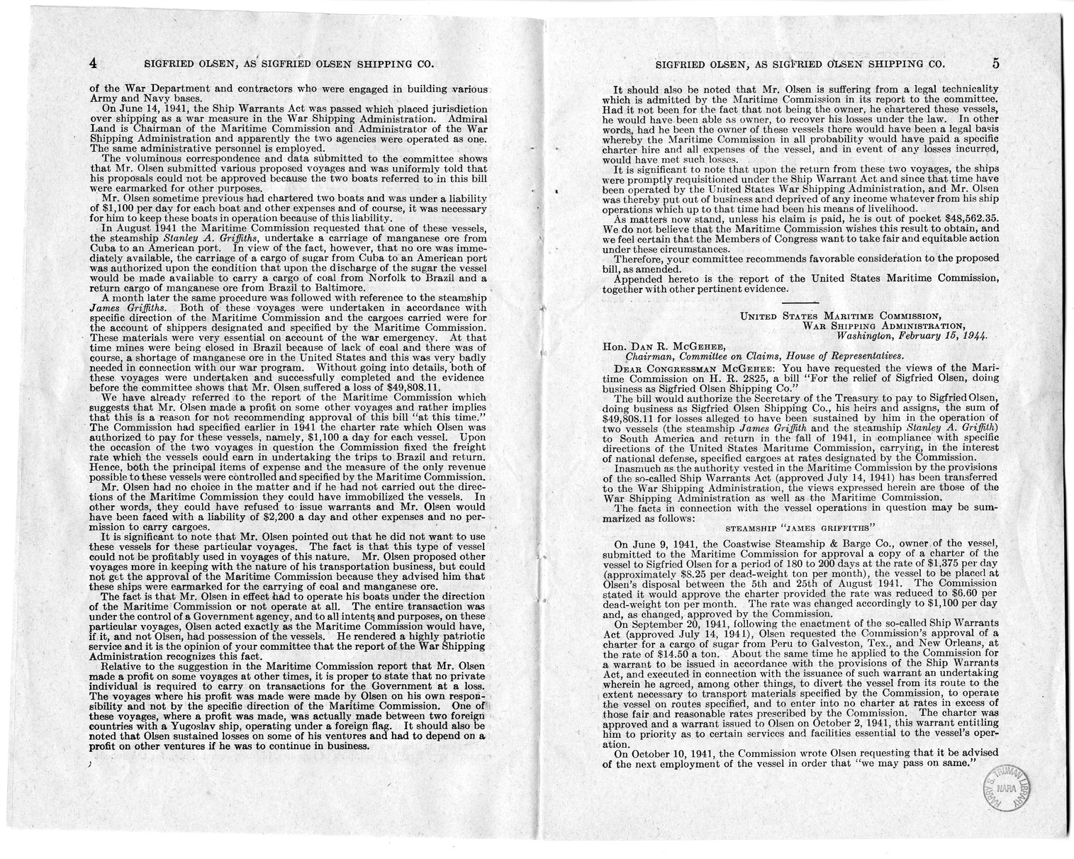 Memorandum from Harold D. Smith to M. C. Latta, H.R. 1566, For the Relief of Sigfried Olsen, Doing Business as Sigfried Olsen Shipping Company, with Attachments