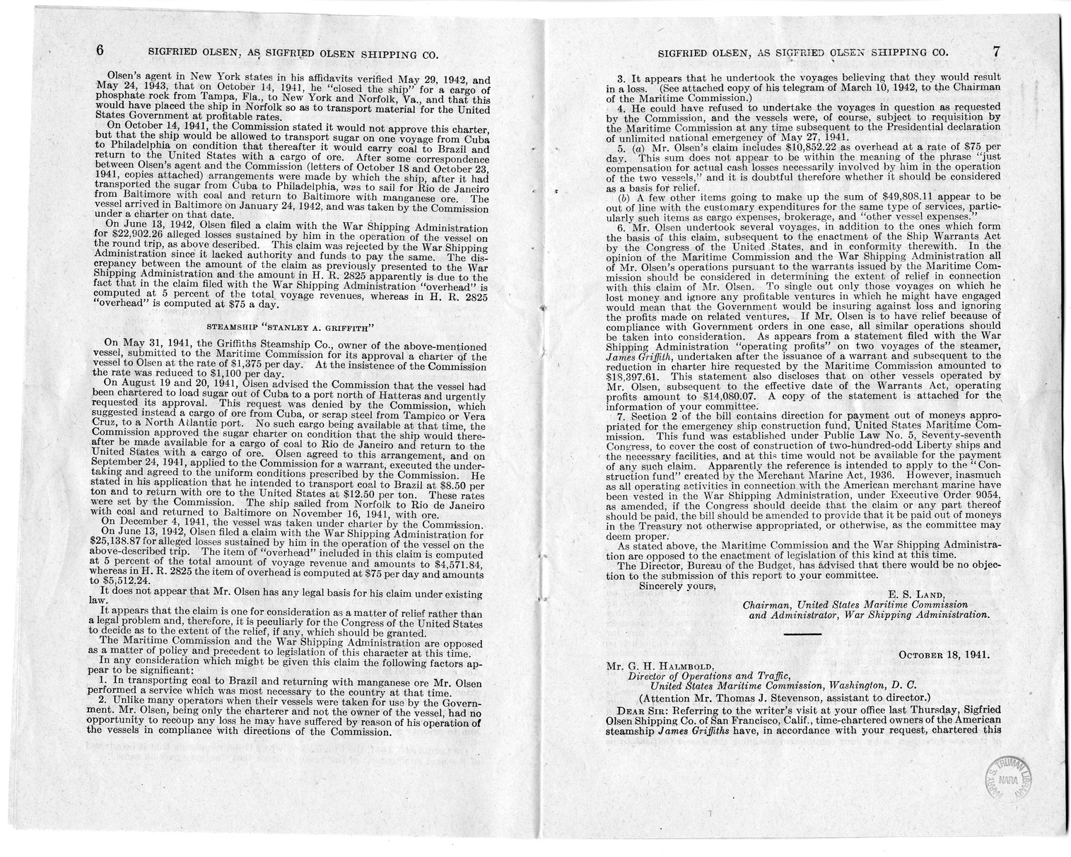 Memorandum from Harold D. Smith to M. C. Latta, H.R. 1566, For the Relief of Sigfried Olsen, Doing Business as Sigfried Olsen Shipping Company, with Attachments