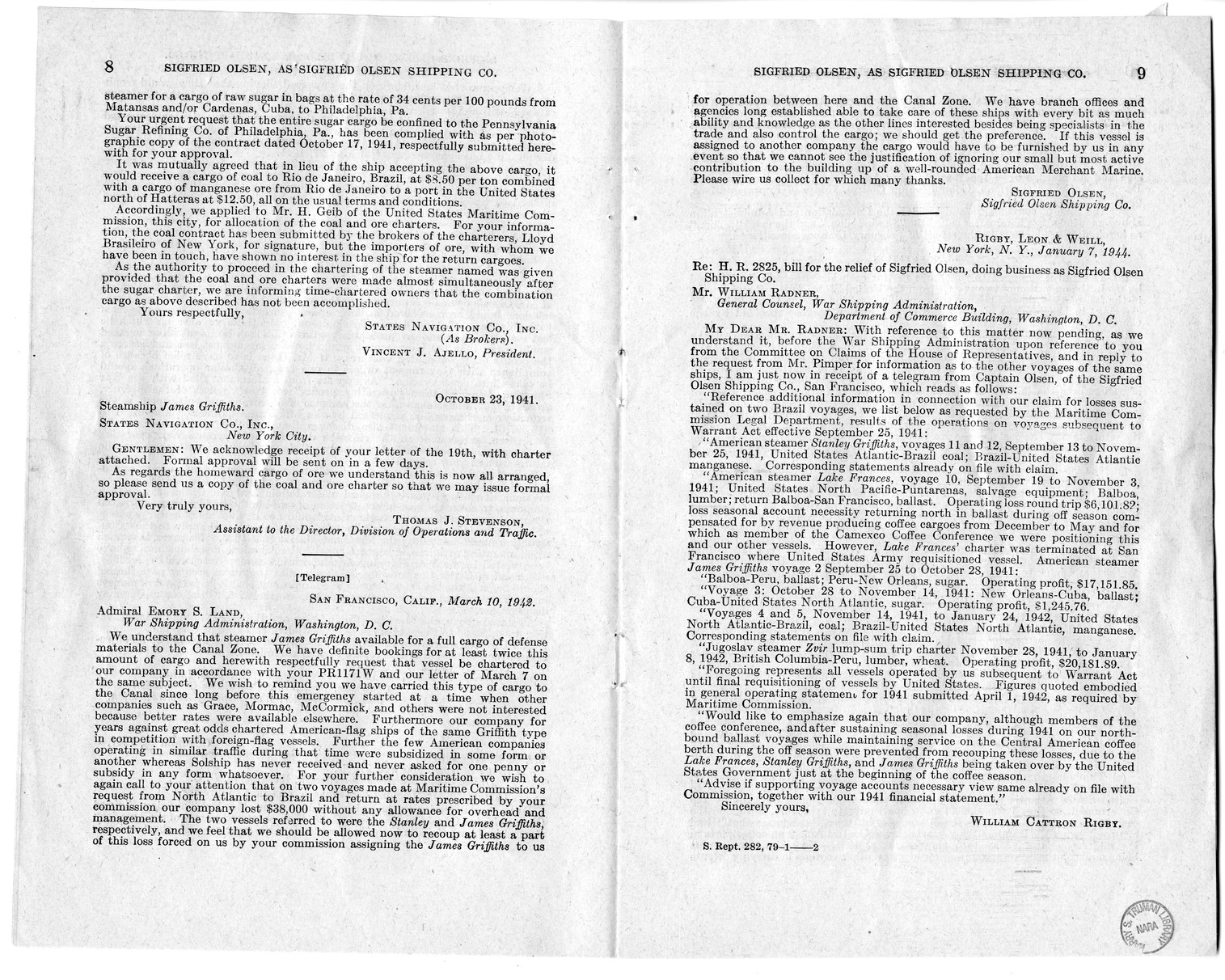 Memorandum from Harold D. Smith to M. C. Latta, H.R. 1566, For the Relief of Sigfried Olsen, Doing Business as Sigfried Olsen Shipping Company, with Attachments