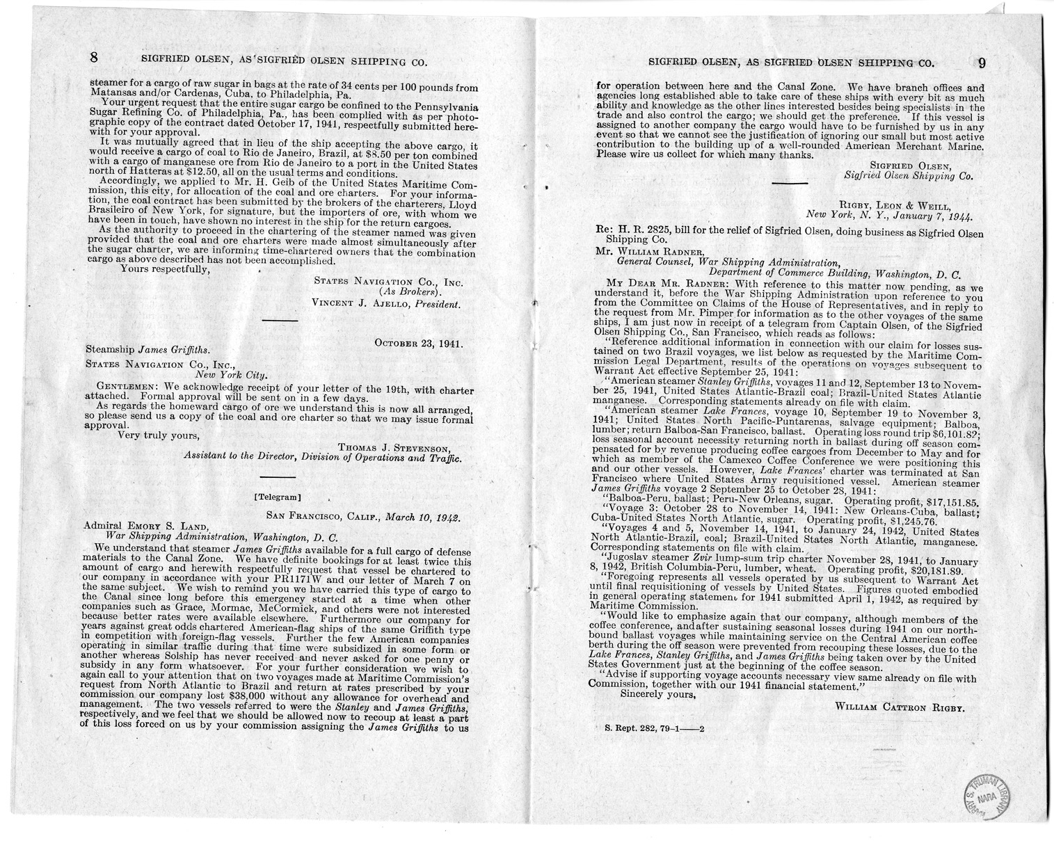 Memorandum from Harold D. Smith to M. C. Latta, H.R. 1566, For the Relief of Sigfried Olsen, Doing Business as Sigfried Olsen Shipping Company, with Attachments