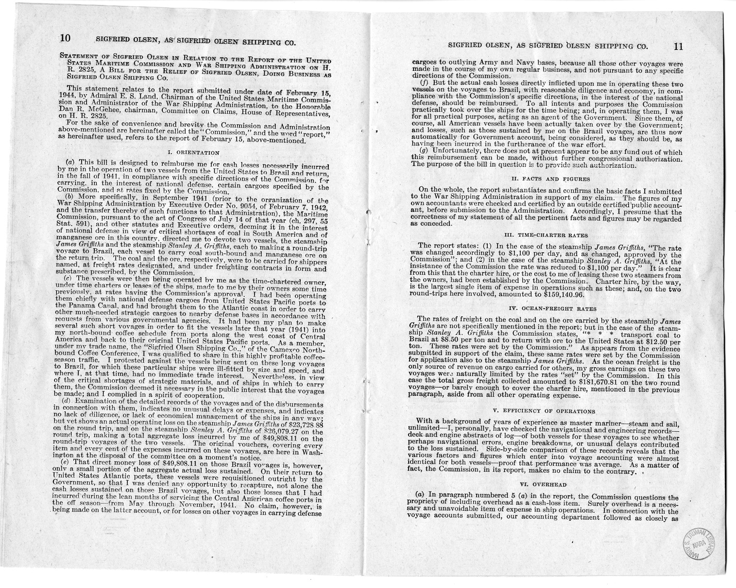 Memorandum from Harold D. Smith to M. C. Latta, H.R. 1566, For the Relief of Sigfried Olsen, Doing Business as Sigfried Olsen Shipping Company, with Attachments