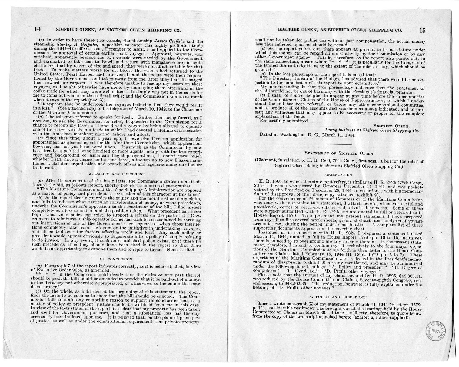 Memorandum from Harold D. Smith to M. C. Latta, H.R. 1566, For the Relief of Sigfried Olsen, Doing Business as Sigfried Olsen Shipping Company, with Attachments