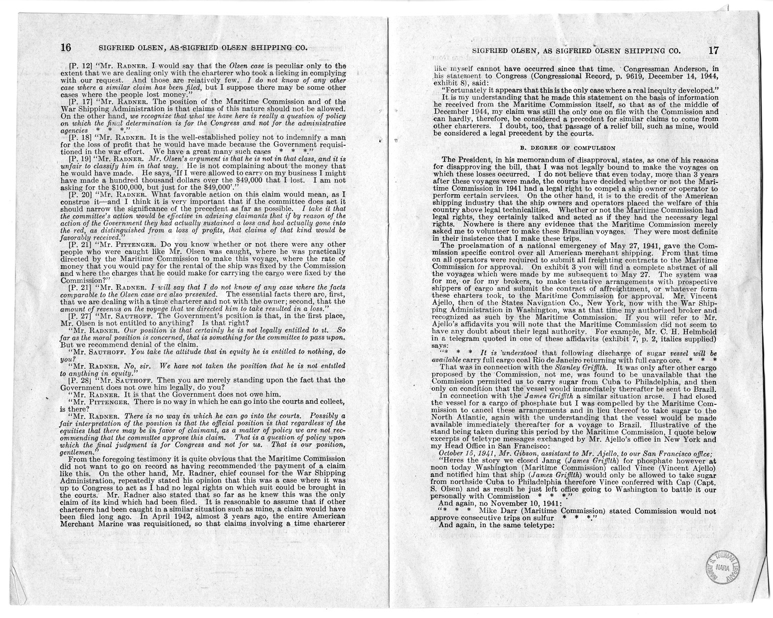 Memorandum from Harold D. Smith to M. C. Latta, H.R. 1566, For the Relief of Sigfried Olsen, Doing Business as Sigfried Olsen Shipping Company, with Attachments