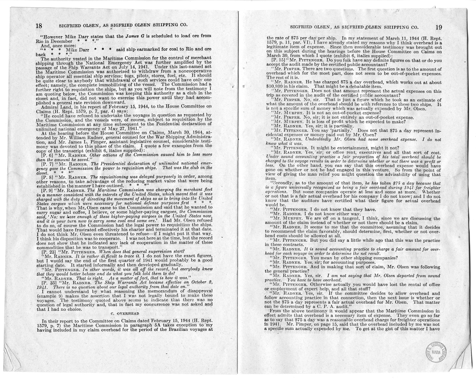 Memorandum from Harold D. Smith to M. C. Latta, H.R. 1566, For the Relief of Sigfried Olsen, Doing Business as Sigfried Olsen Shipping Company, with Attachments