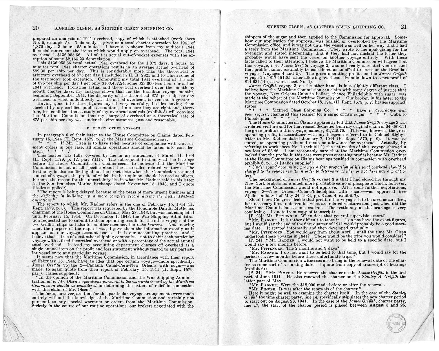 Memorandum from Harold D. Smith to M. C. Latta, H.R. 1566, For the Relief of Sigfried Olsen, Doing Business as Sigfried Olsen Shipping Company, with Attachments