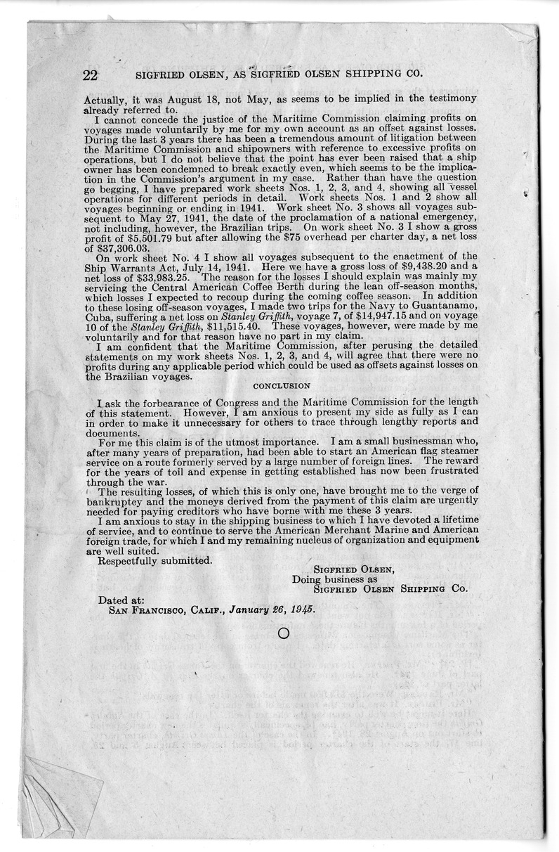 Memorandum from Harold D. Smith to M. C. Latta, H.R. 1566, For the Relief of Sigfried Olsen, Doing Business as Sigfried Olsen Shipping Company, with Attachments