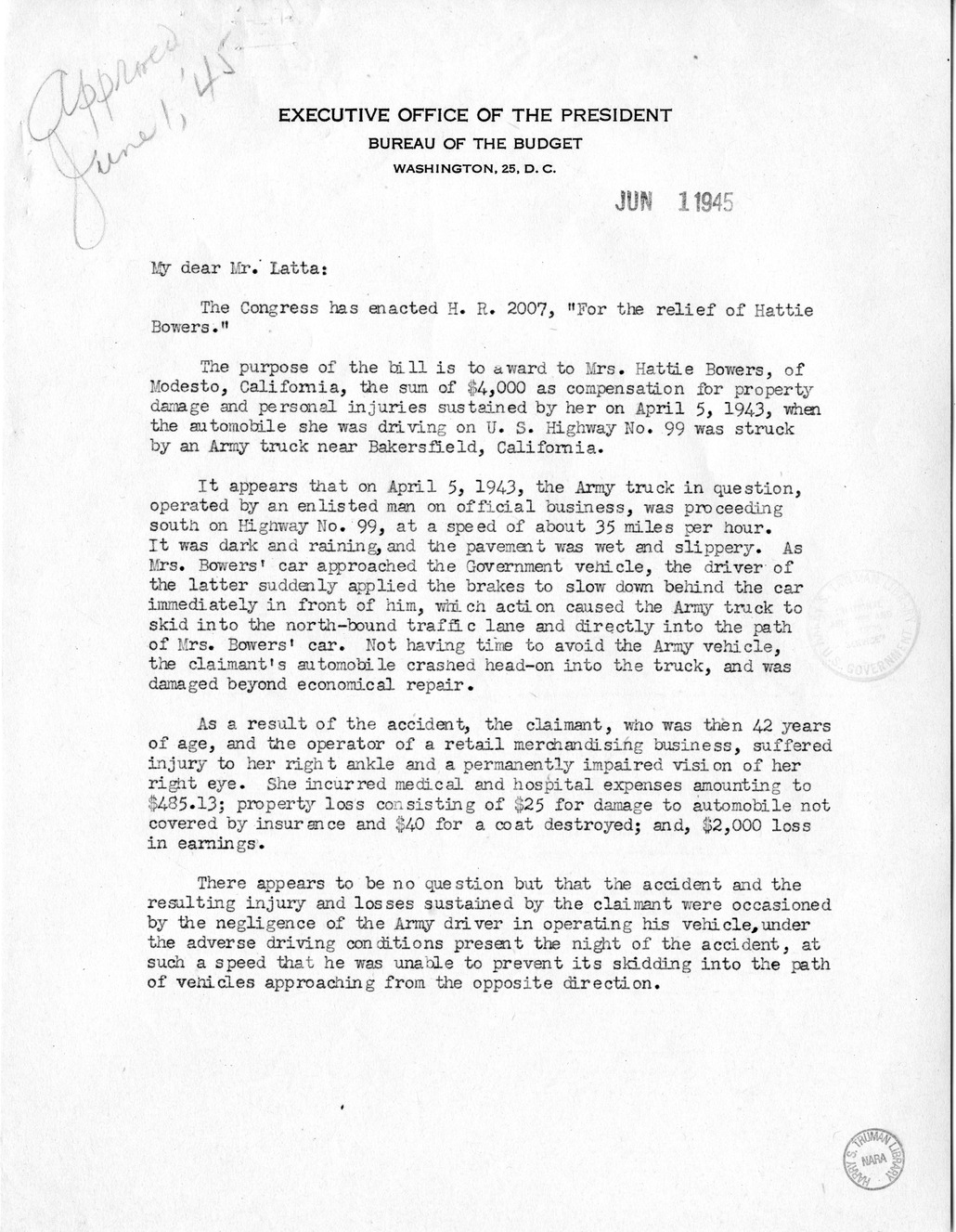 Memorandum from Frederick Bailey to M. C. Latta, H.R. 2007, For the Relief of Hattie Bowers, with Attachments