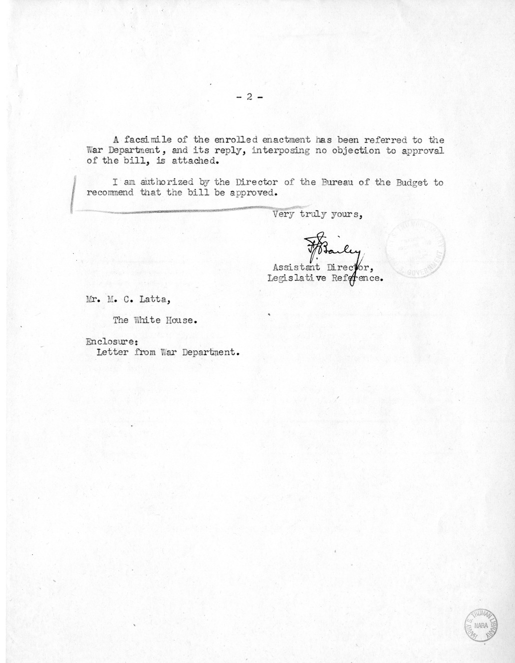 Memorandum from Frederick Bailey to M. C. Latta, H.R. 2007, For the Relief of Hattie Bowers, with Attachments