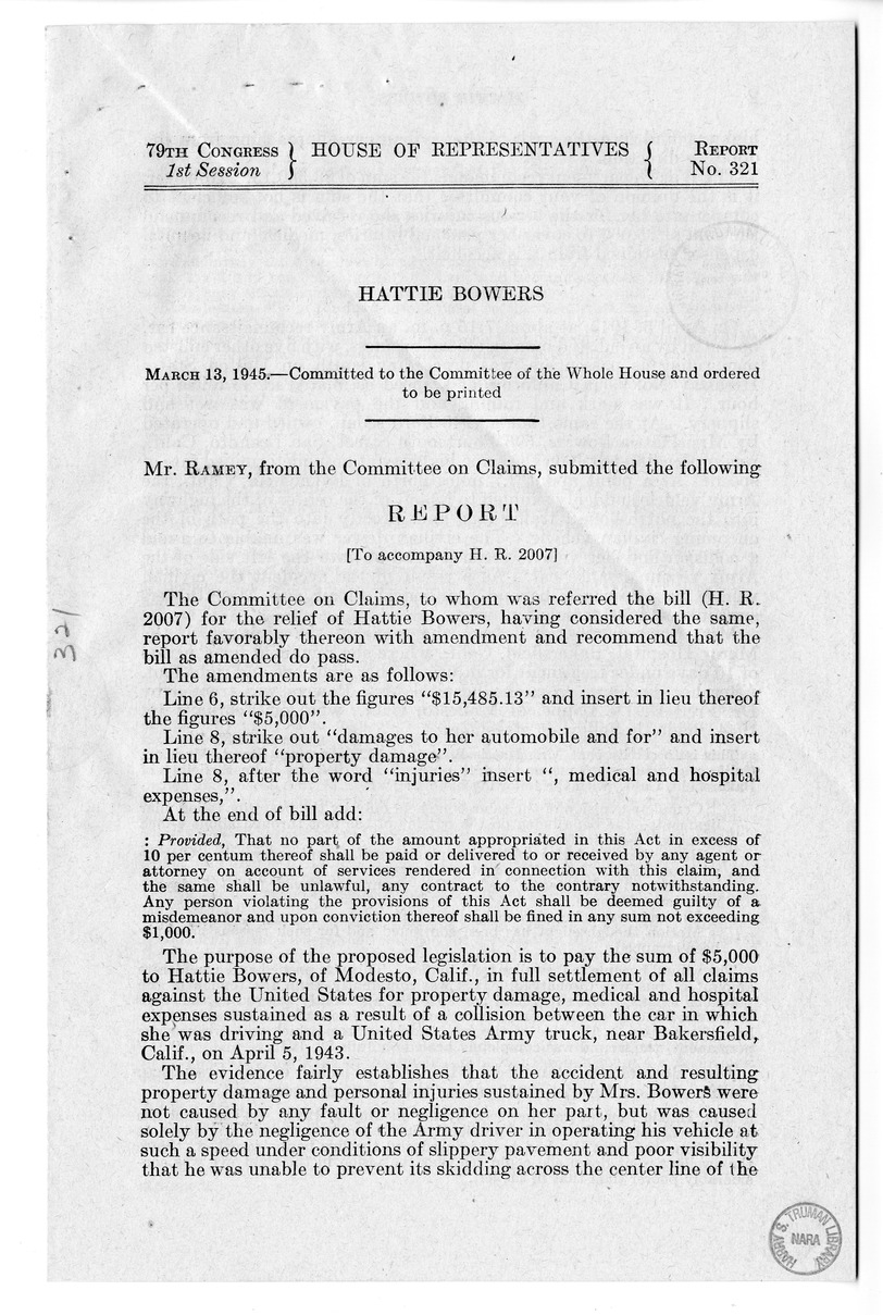 Memorandum from Frederick Bailey to M. C. Latta, H.R. 2007, For the Relief of Hattie Bowers, with Attachments