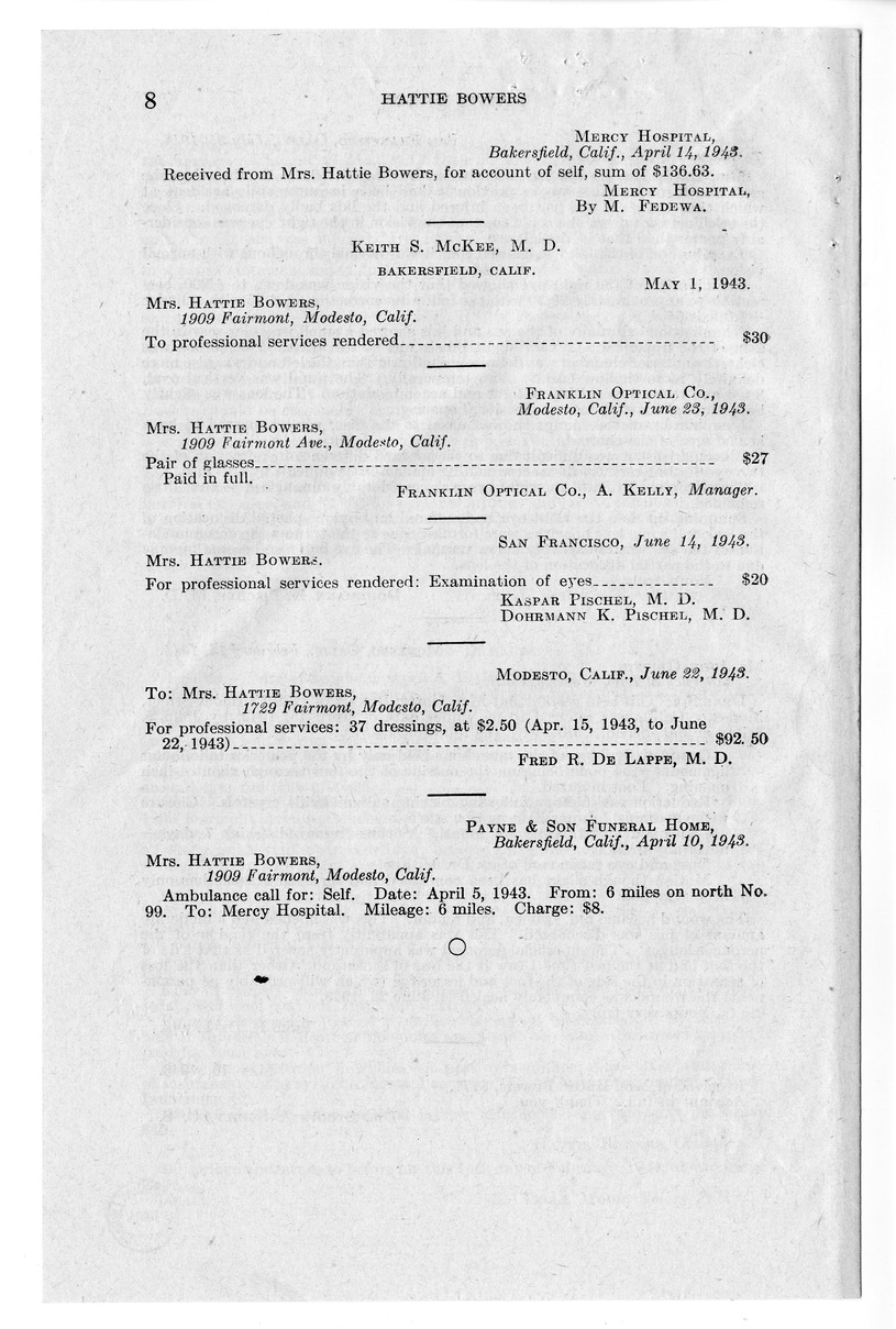 Memorandum from Frederick Bailey to M. C. Latta, H.R. 2007, For the Relief of Hattie Bowers, with Attachments