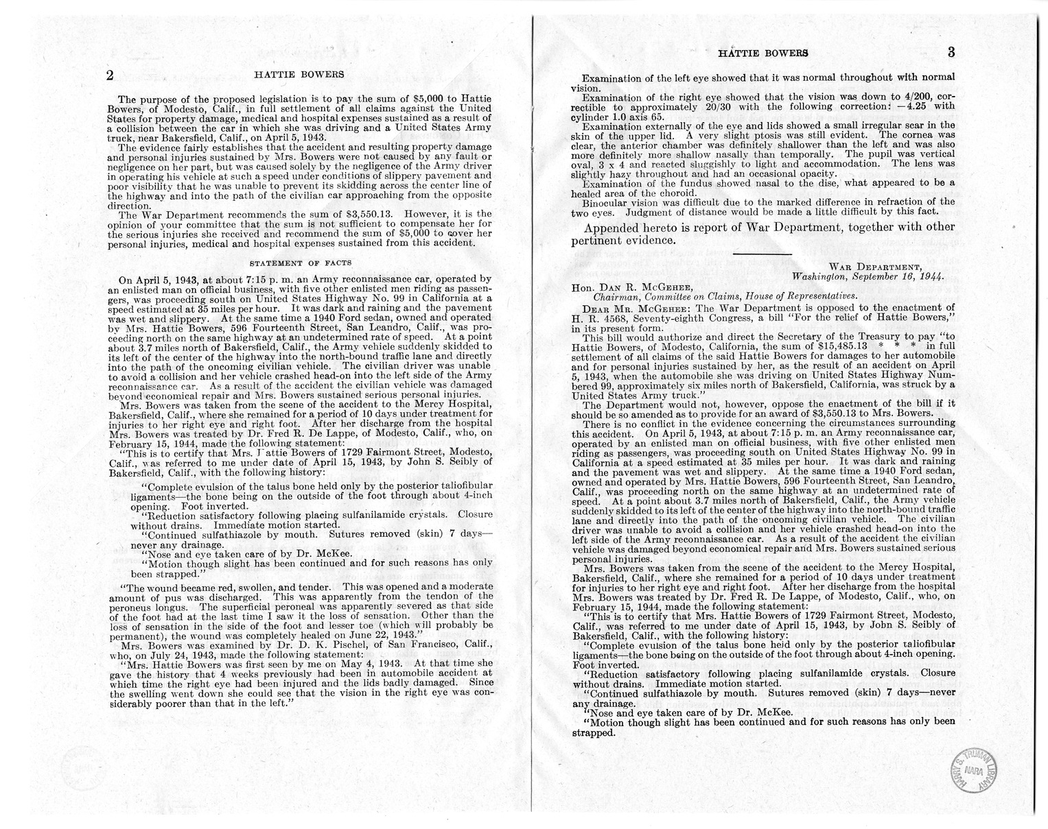 Memorandum from Frederick Bailey to M. C. Latta, H.R. 2007, For the Relief of Hattie Bowers, with Attachments