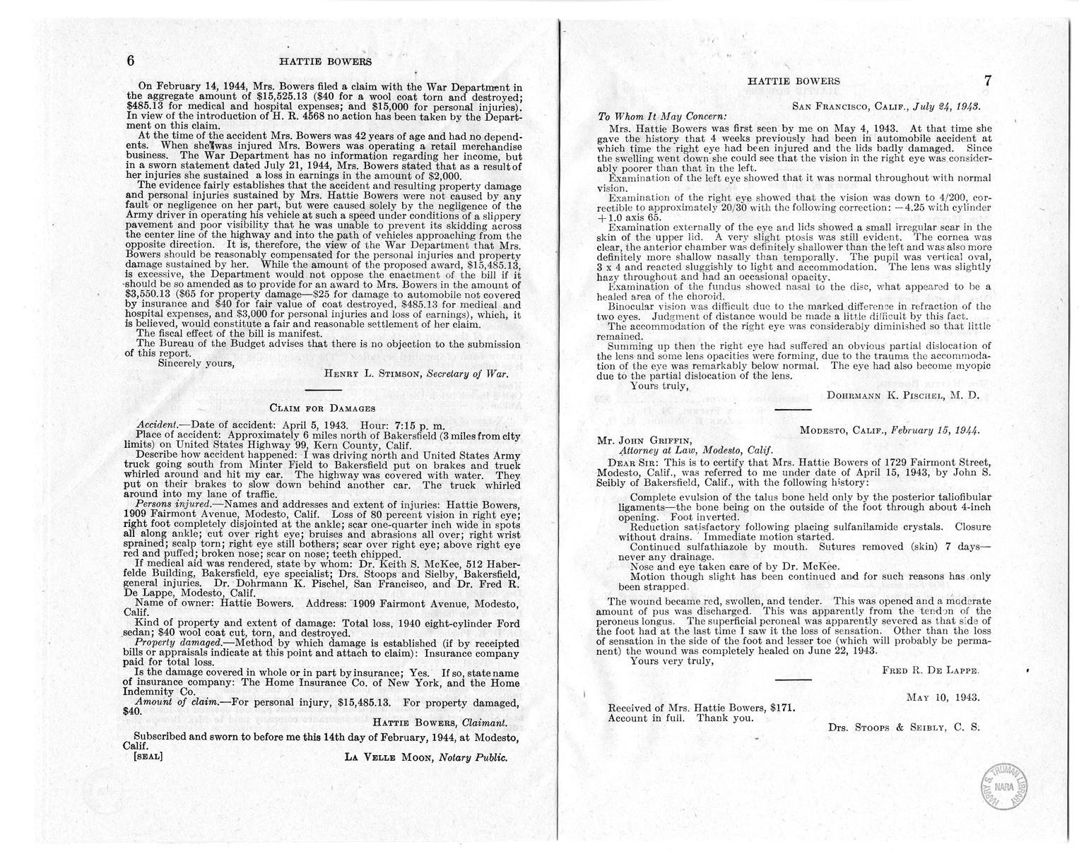 Memorandum from Frederick Bailey to M. C. Latta, H.R. 2007, For the Relief of Hattie Bowers, with Attachments