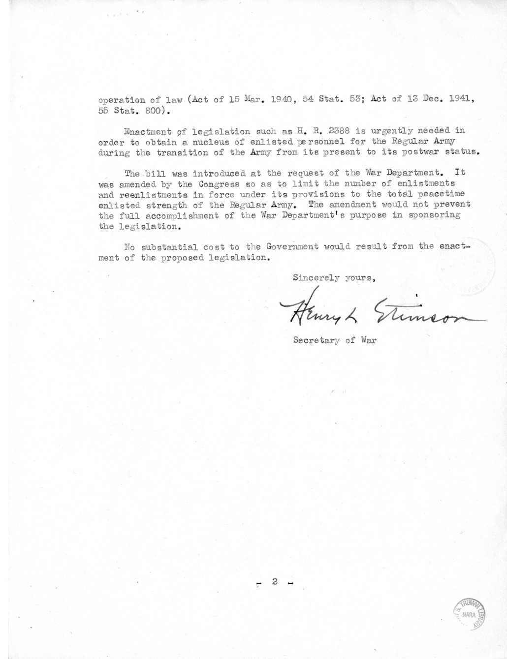 Memorandum from Harold D. Smith to M. C. Latta, H. R. 2388, to Provide for Regular Enlistments in the Army During the Period of the War, and Other Purposes, with Attachments