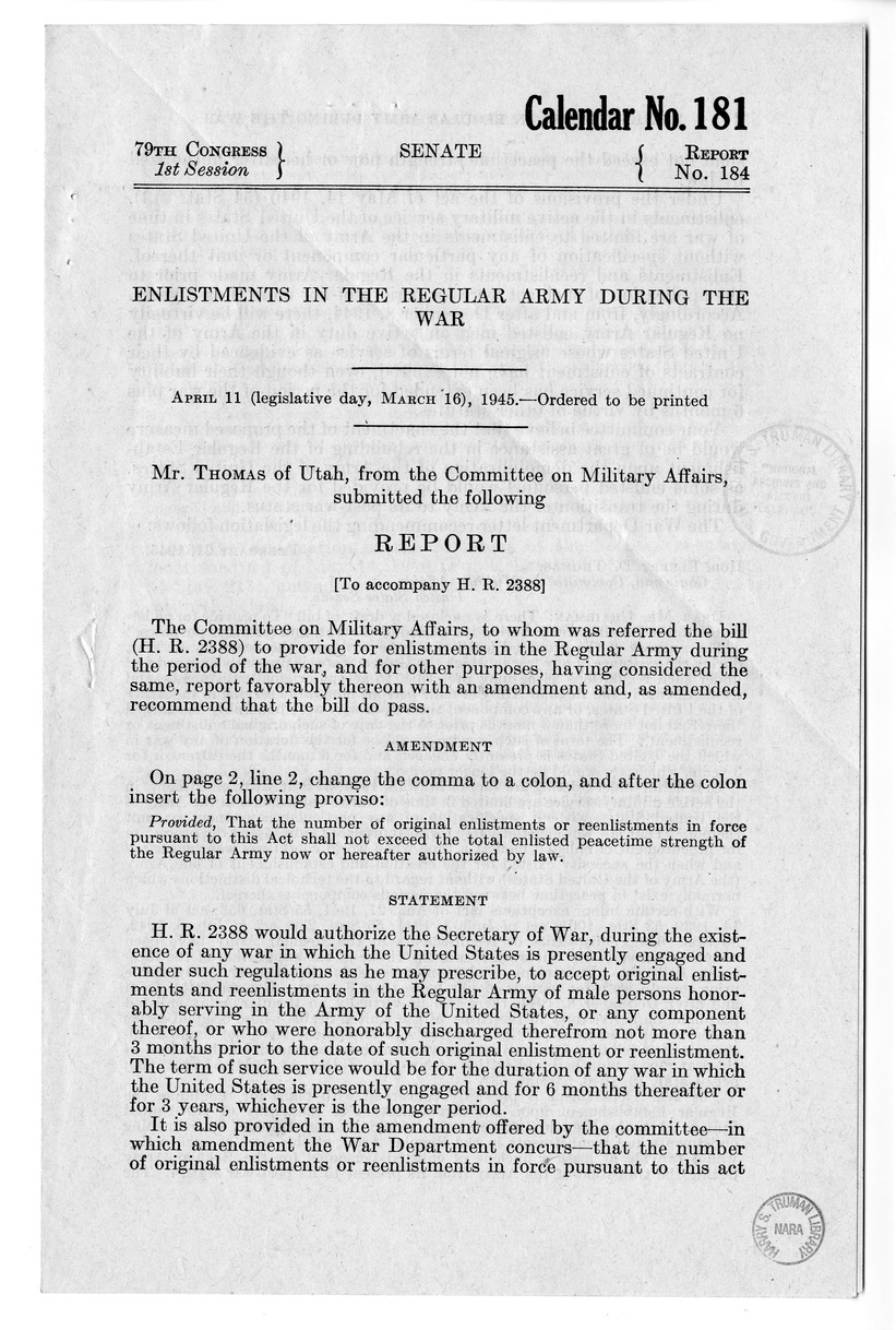 Memorandum from Harold D. Smith to M. C. Latta, H. R. 2388, to Provide for Regular Enlistments in the Army During the Period of the War, and Other Purposes, with Attachments