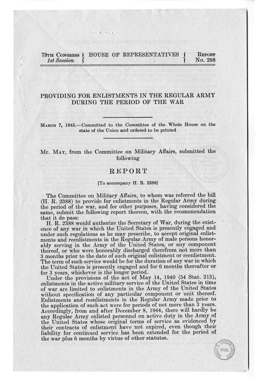 Memorandum from Harold D. Smith to M. C. Latta, H. R. 2388, to Provide for Regular Enlistments in the Army During the Period of the War, and Other Purposes, with Attachments