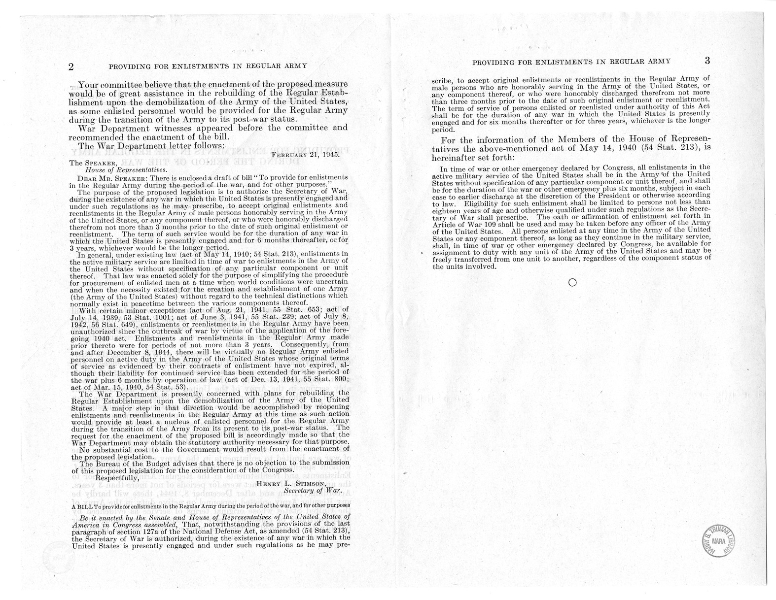 Memorandum from Harold D. Smith to M. C. Latta, H. R. 2388, to Provide for Regular Enlistments in the Army During the Period of the War, and Other Purposes, with Attachments