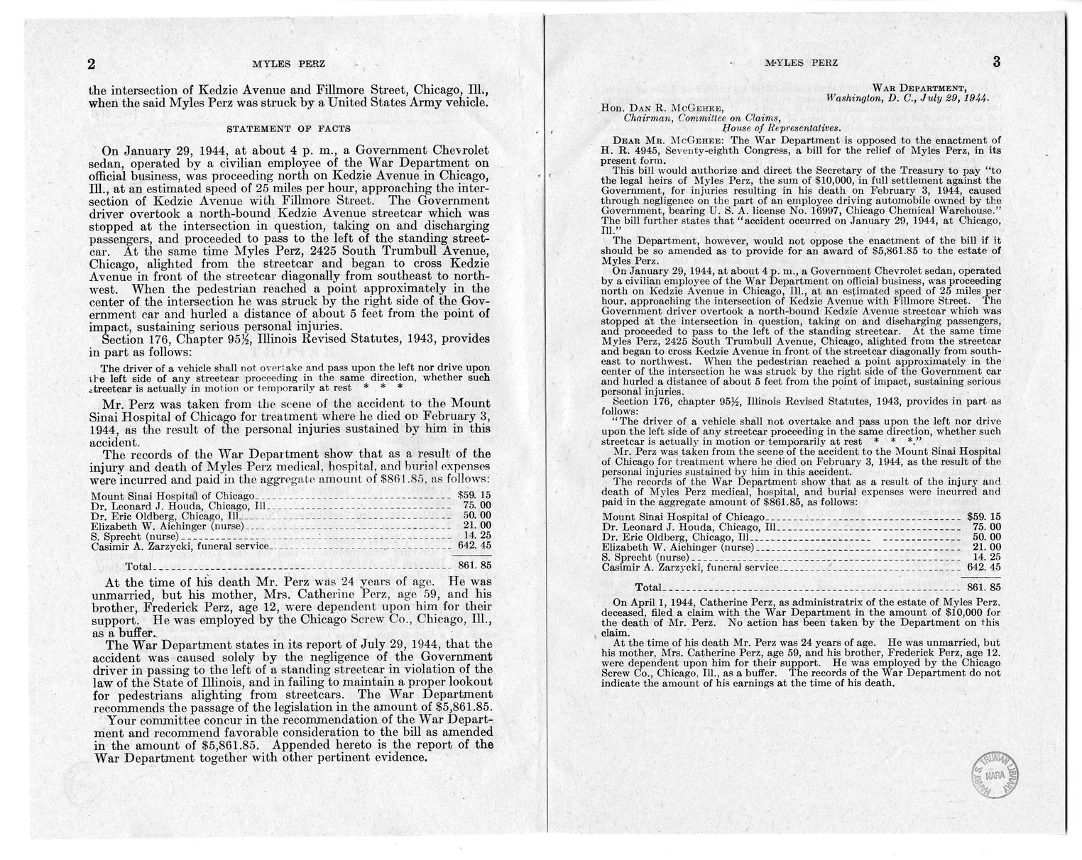 Memorandum from Frederick J. Bailey to M. C. Latta, H.R. 903, for the Relief of the Estate of Myles Perz, with Attachments