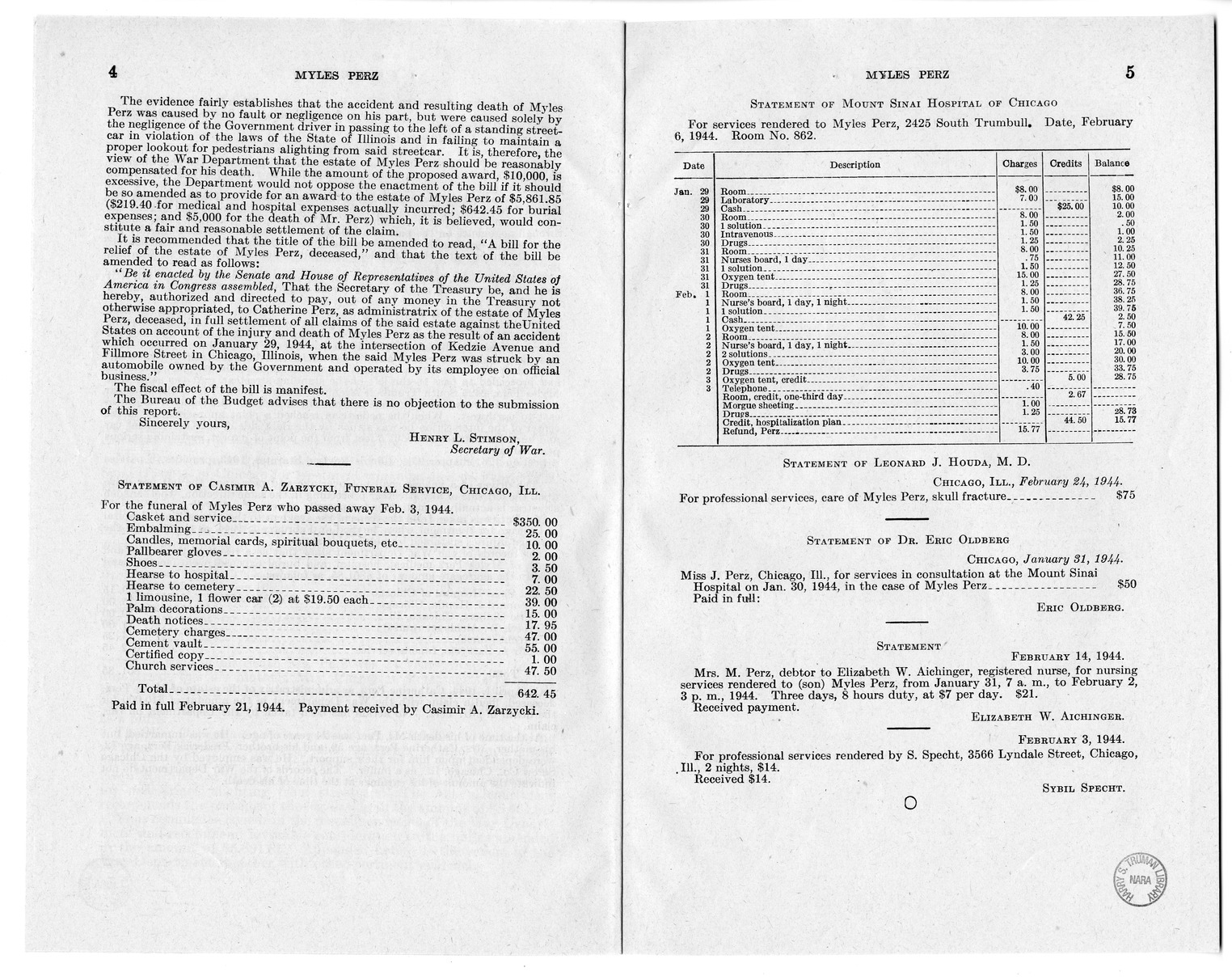 Memorandum from Frederick J. Bailey to M. C. Latta, H.R. 903, for the Relief of the Estate of Myles Perz, with Attachments