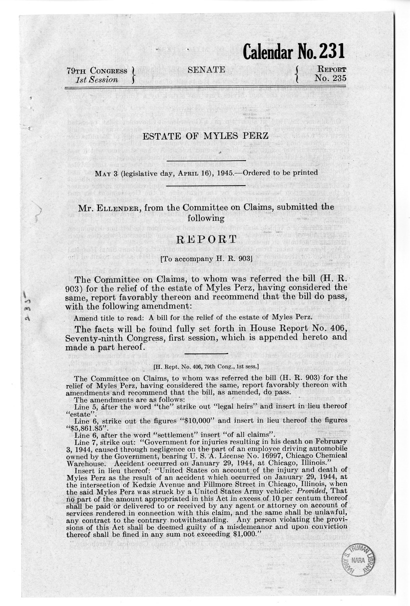 Memorandum from Frederick J. Bailey to M. C. Latta, H.R. 903, for the Relief of the Estate of Myles Perz, with Attachments