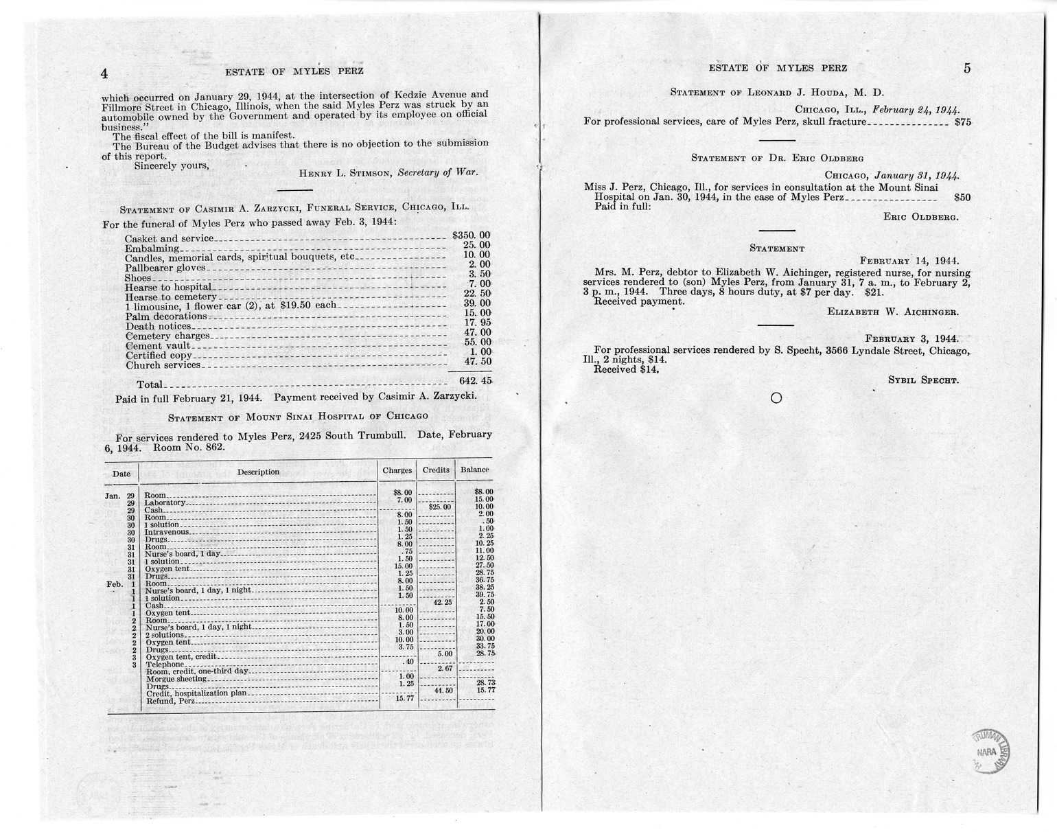 Memorandum from Frederick J. Bailey to M. C. Latta, H.R. 903, for the Relief of the Estate of Myles Perz, with Attachments