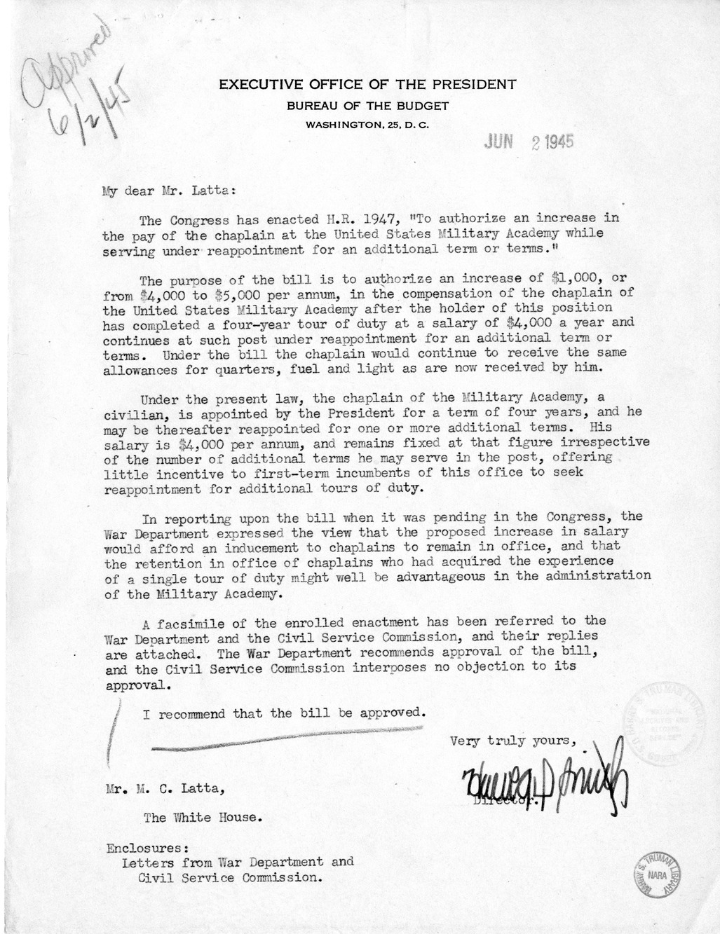 Memorandum from Harold D. Smith to M. C. Latta, H. R. 1947, to Authorize an Increase in the Pay of the Chaplain at the United States Military Academy While Serving Under Reappointment for an Additional Term or Terms, with Attachments
