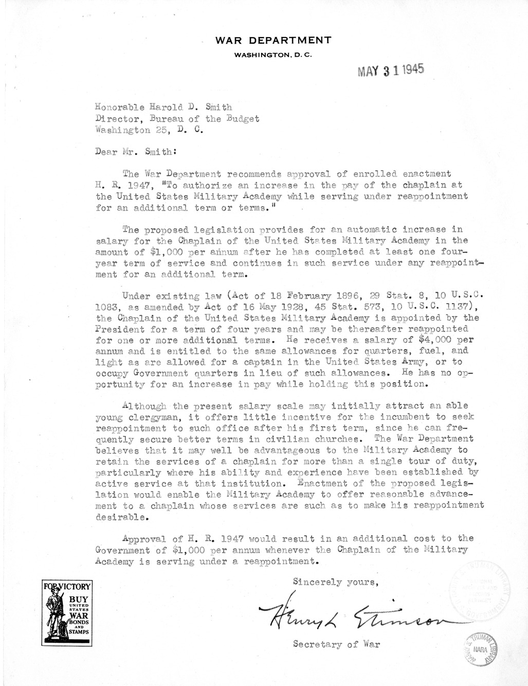 Memorandum from Harold D. Smith to M. C. Latta, H. R. 1947, to Authorize an Increase in the Pay of the Chaplain at the United States Military Academy While Serving Under Reappointment for an Additional Term or Terms, with Attachments