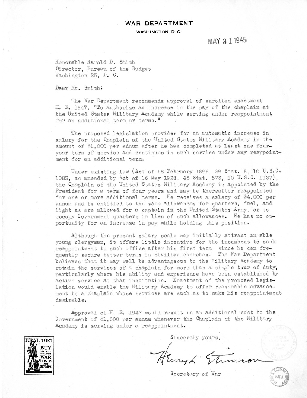 Memorandum from Harold D. Smith to M. C. Latta, H. R. 1947, to Authorize an Increase in the Pay of the Chaplain at the United States Military Academy While Serving Under Reappointment for an Additional Term or Terms, with Attachments