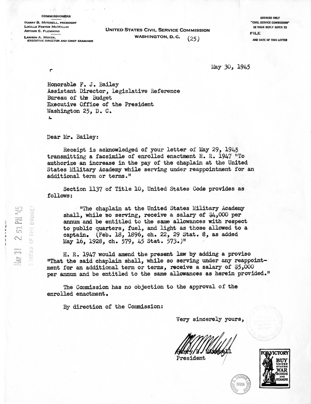 Memorandum from Harold D. Smith to M. C. Latta, H. R. 1947, to Authorize an Increase in the Pay of the Chaplain at the United States Military Academy While Serving Under Reappointment for an Additional Term or Terms, with Attachments