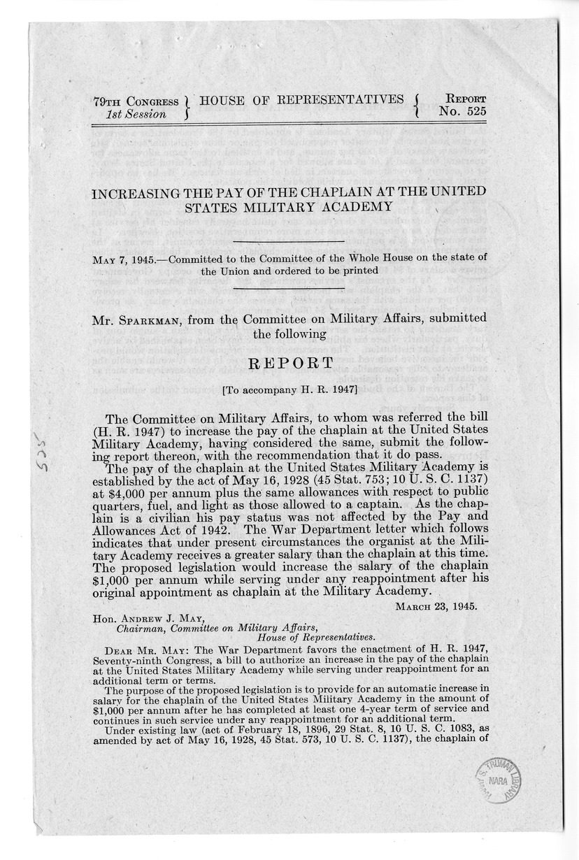 Memorandum from Harold D. Smith to M. C. Latta, H. R. 1947, to Authorize an Increase in the Pay of the Chaplain at the United States Military Academy While Serving Under Reappointment for an Additional Term or Terms, with Attachments