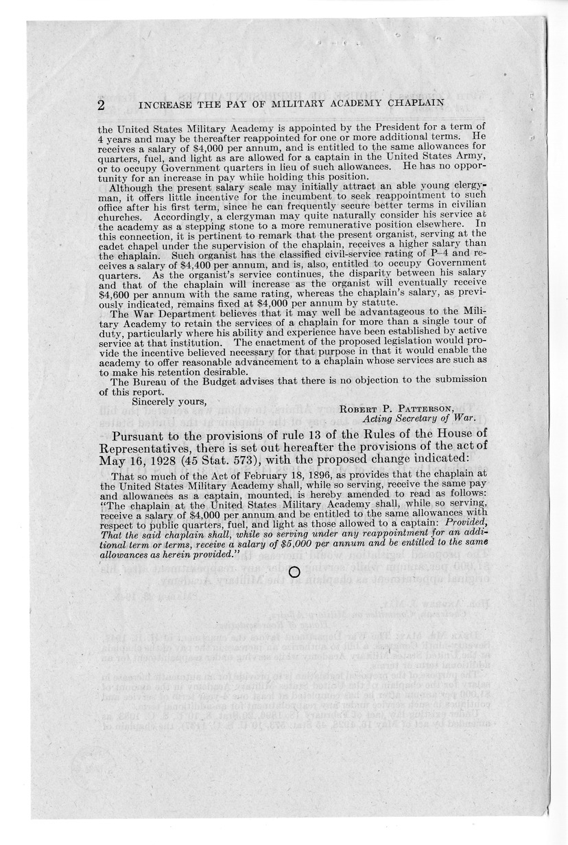 Memorandum from Harold D. Smith to M. C. Latta, H. R. 1947, to Authorize an Increase in the Pay of the Chaplain at the United States Military Academy While Serving Under Reappointment for an Additional Term or Terms, with Attachments