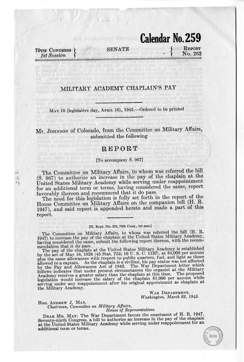 Memorandum from Harold D. Smith to M. C. Latta, H. R. 1947, to Authorize an Increase in the Pay of the Chaplain at the United States Military Academy While Serving Under Reappointment for an Additional Term or Terms, with Attachments