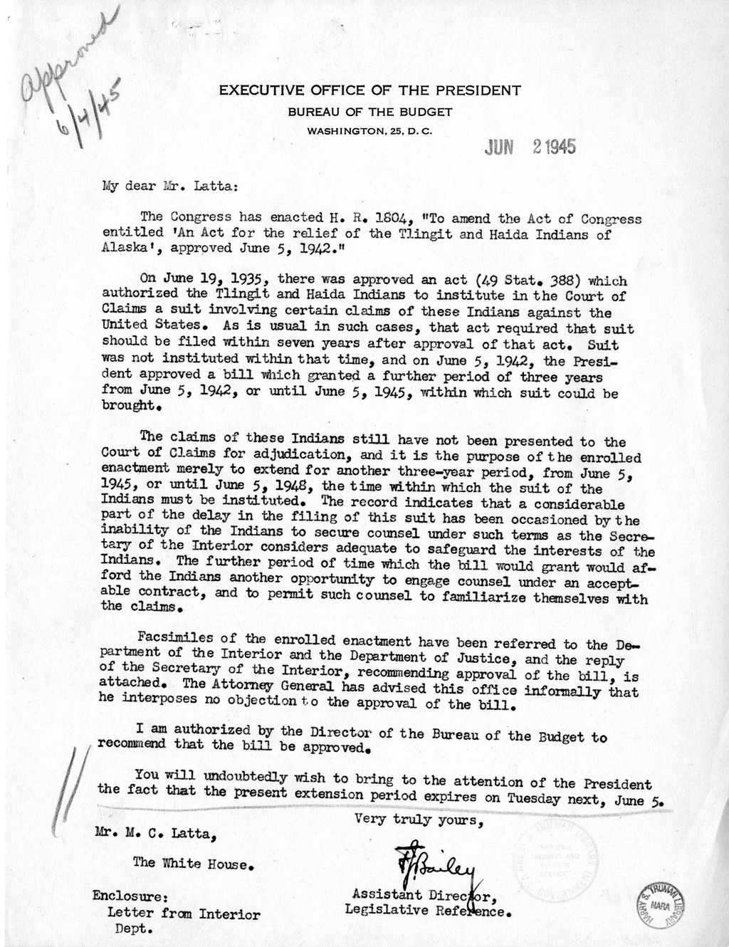 Memorandum from Frederick J. Bailey to M. C. Latta, H. R. 1804, To Amend an Act for the Relief of the Tlingit and Haida Indians of Alaska, with Attachments
