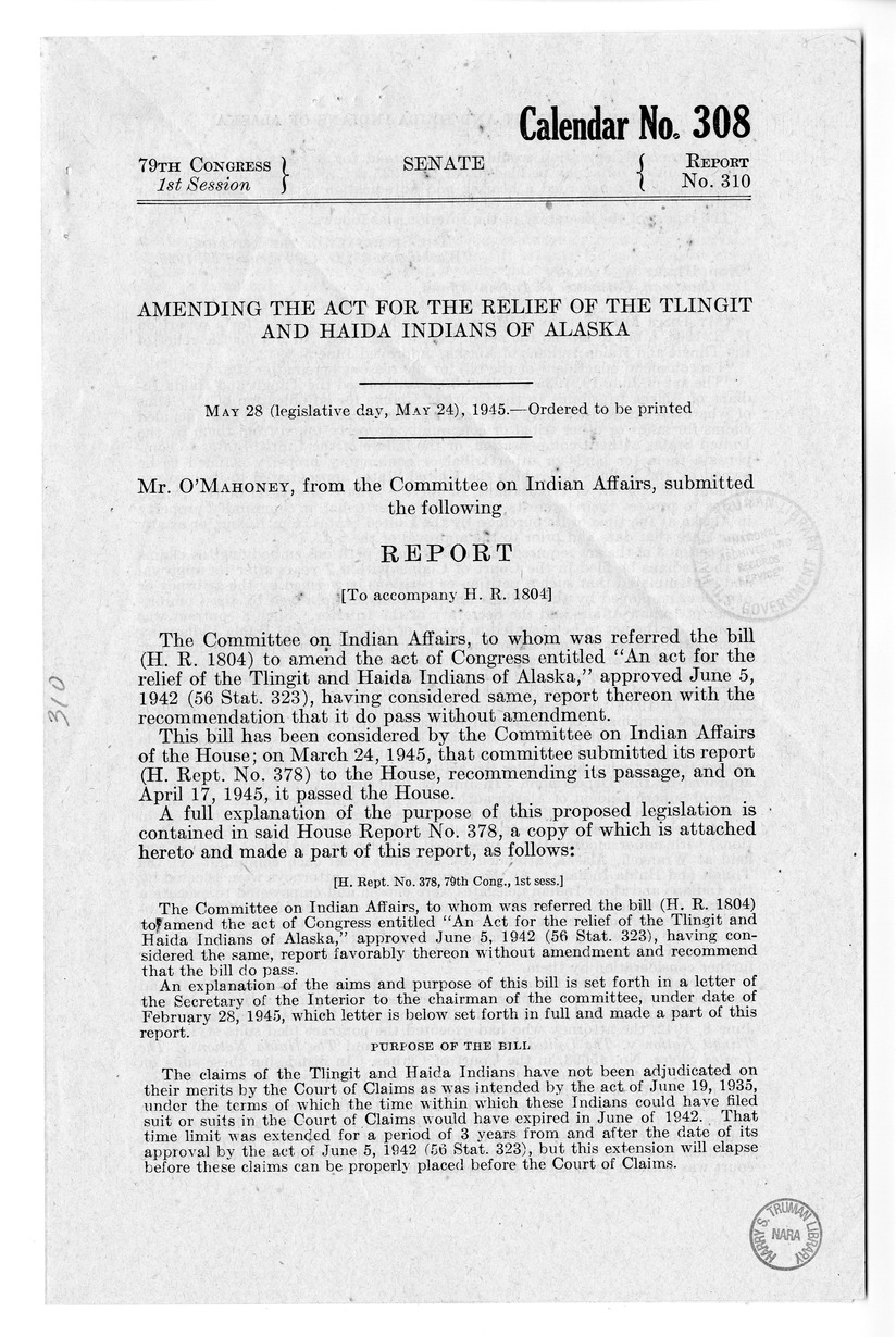 Memorandum from Frederick J. Bailey to M. C. Latta, H. R. 1804, To Amend an Act for the Relief of the Tlingit and Haida Indians of Alaska, with Attachments