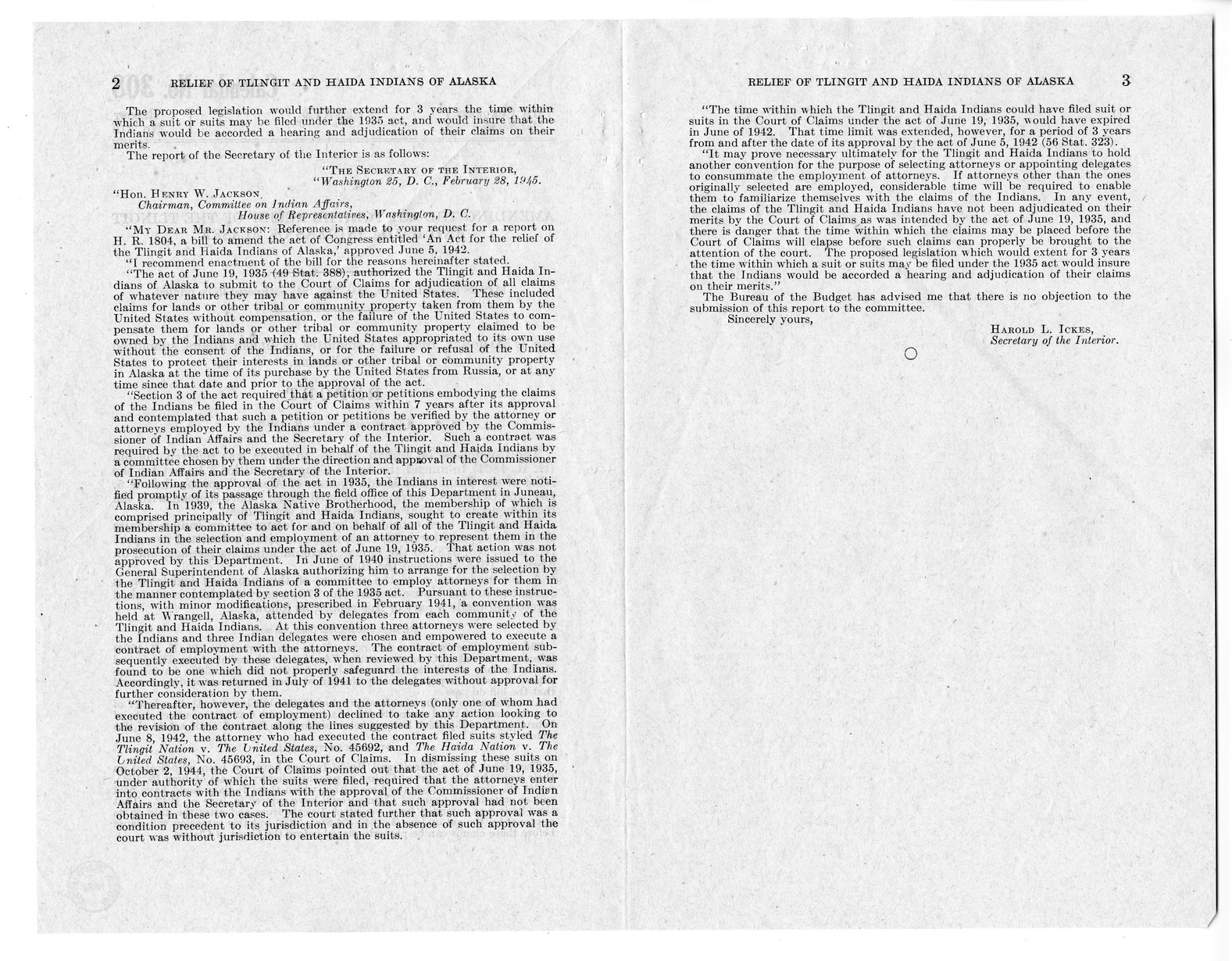 Memorandum from Frederick J. Bailey to M. C. Latta, H. R. 1804, To Amend an Act for the Relief of the Tlingit and Haida Indians of Alaska, with Attachments