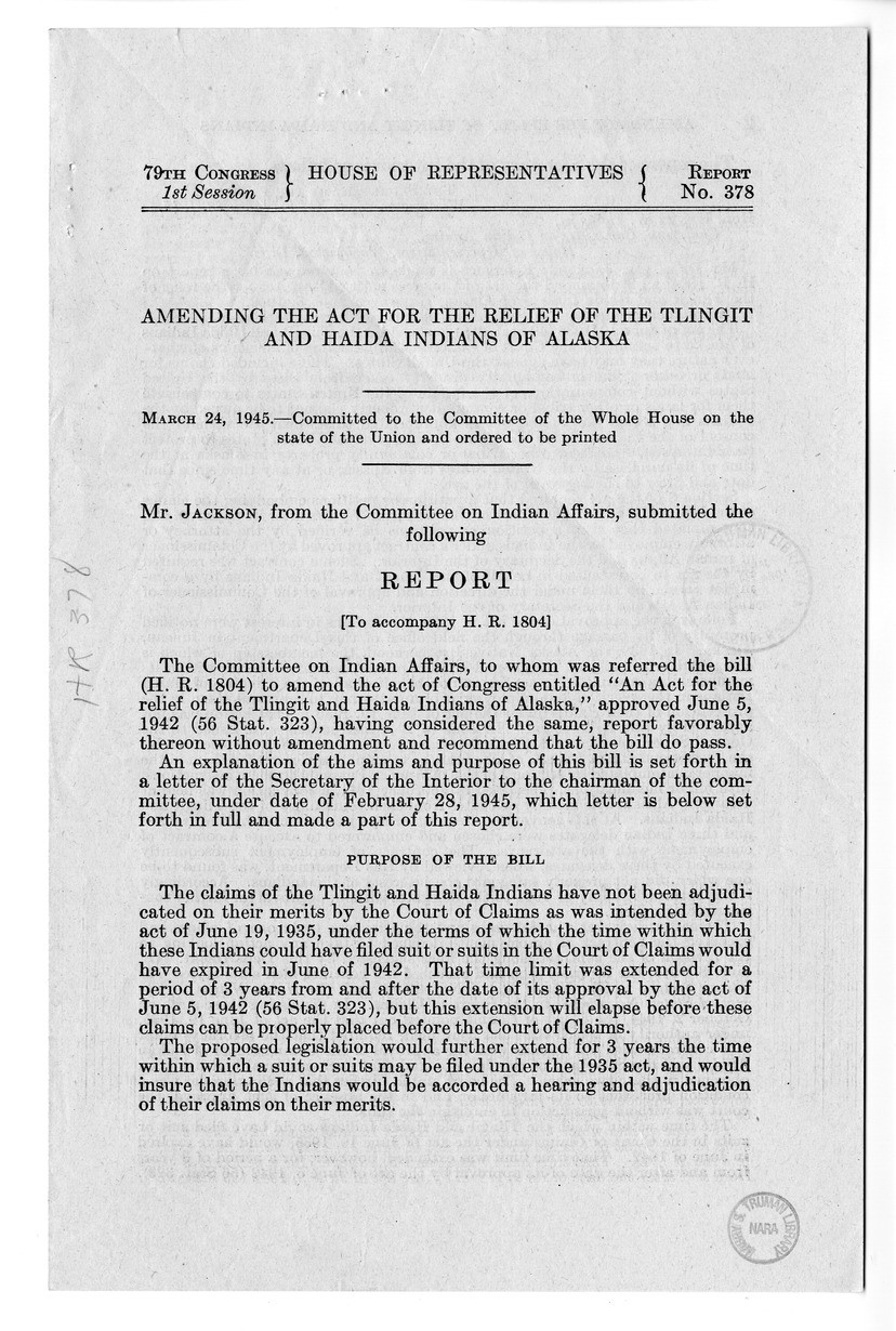 Memorandum from Frederick J. Bailey to M. C. Latta, H. R. 1804, To Amend an Act for the Relief of the Tlingit and Haida Indians of Alaska, with Attachments