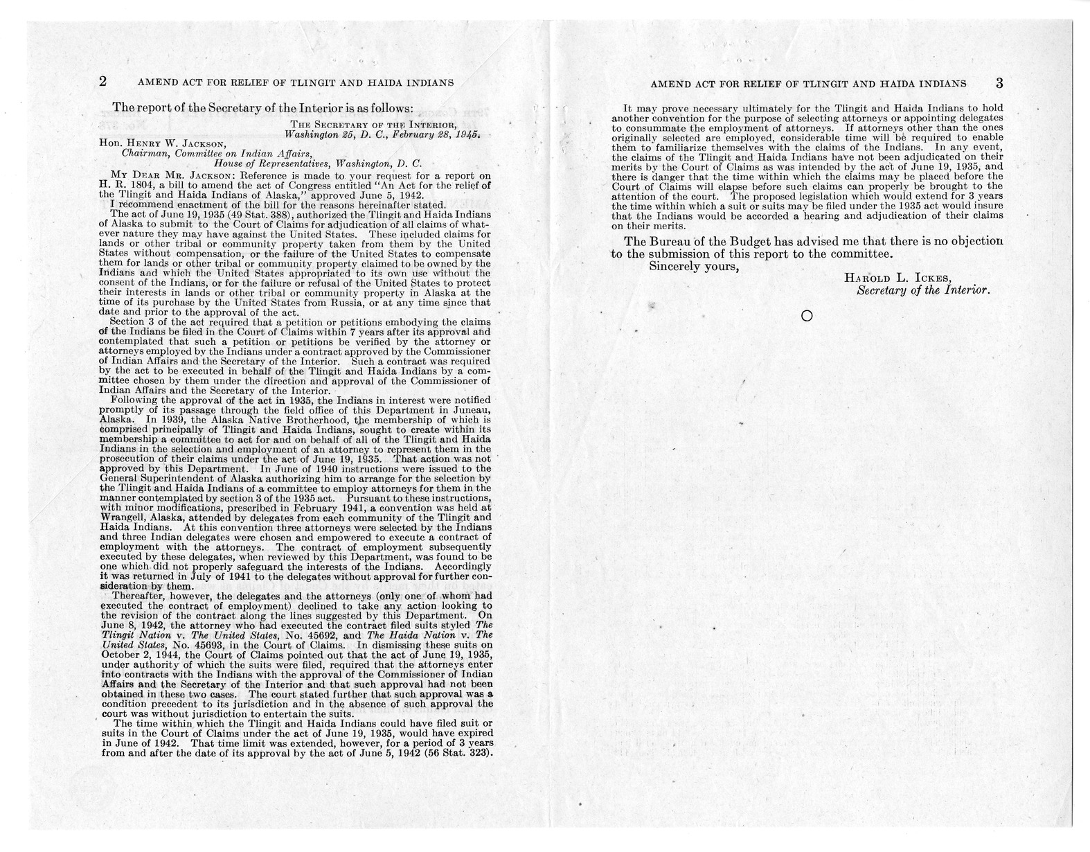 Memorandum from Frederick J. Bailey to M. C. Latta, H. R. 1804, To Amend an Act for the Relief of the Tlingit and Haida Indians of Alaska, with Attachments