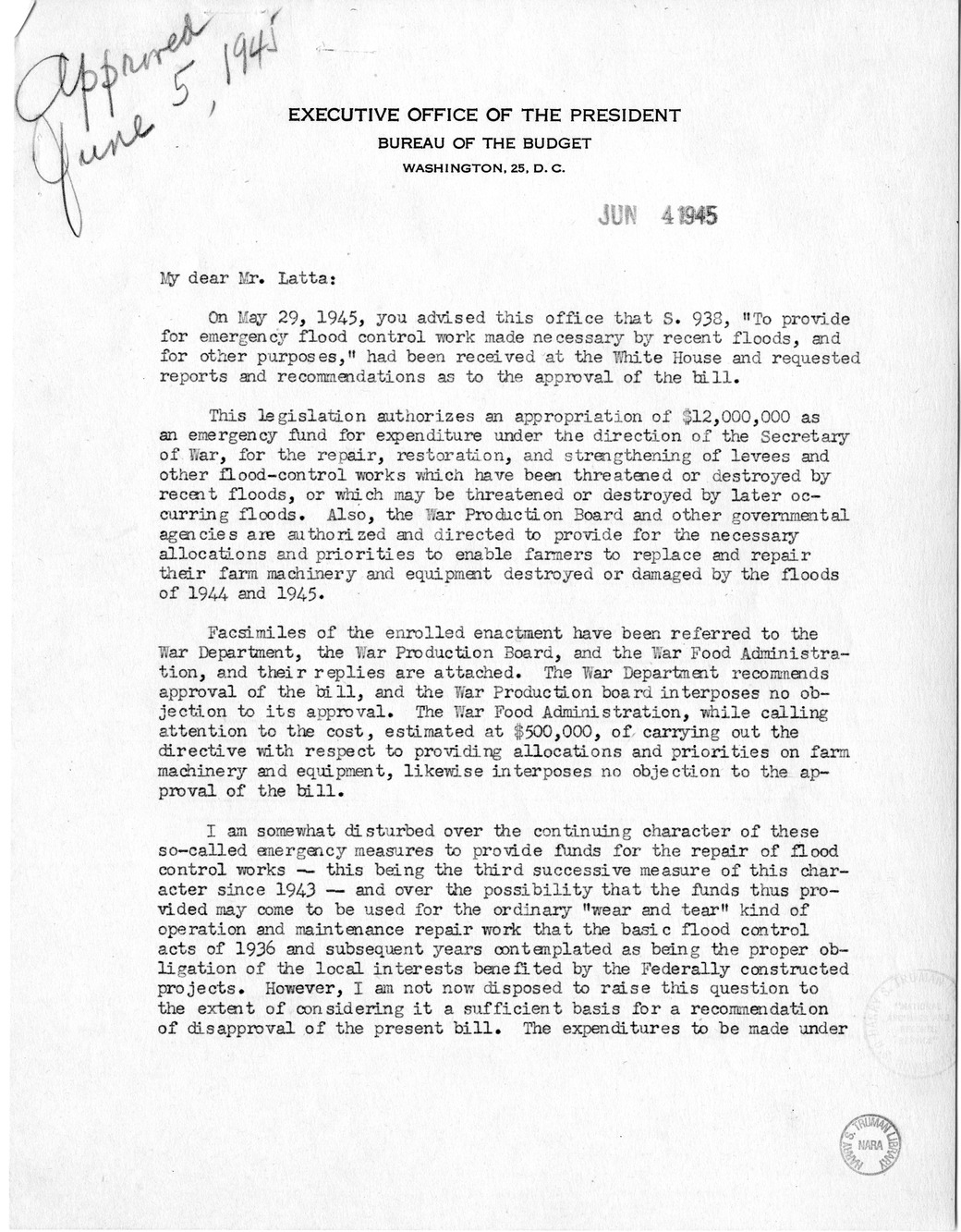 Memorandum from Harold D. Smith to M. C. Latta, S. 938, To Provide for Emergency Flood Control Work Made Necessary by Recent Floods, with Attachments