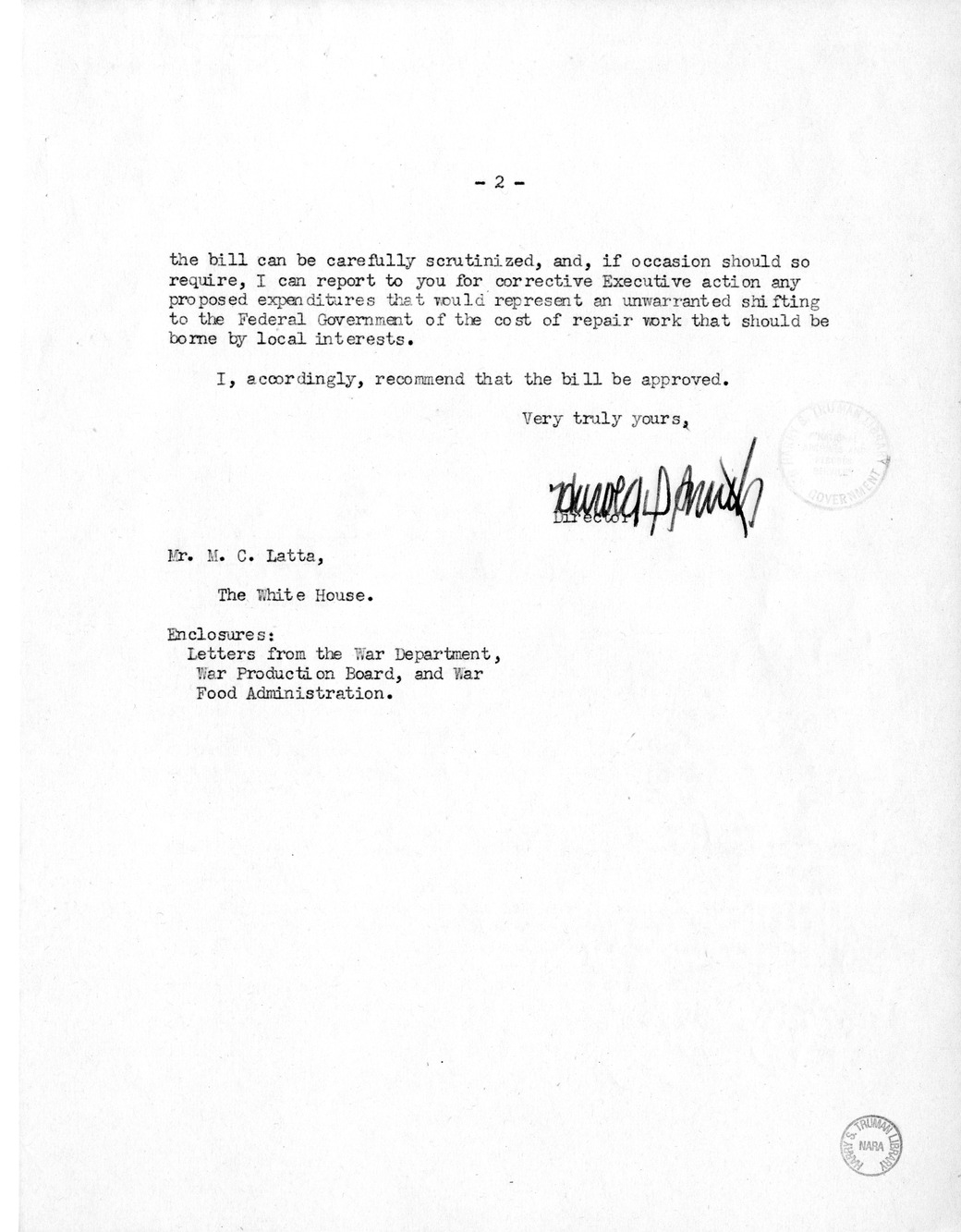 Memorandum from Harold D. Smith to M. C. Latta, S. 938, To Provide for Emergency Flood Control Work Made Necessary by Recent Floods, with Attachments