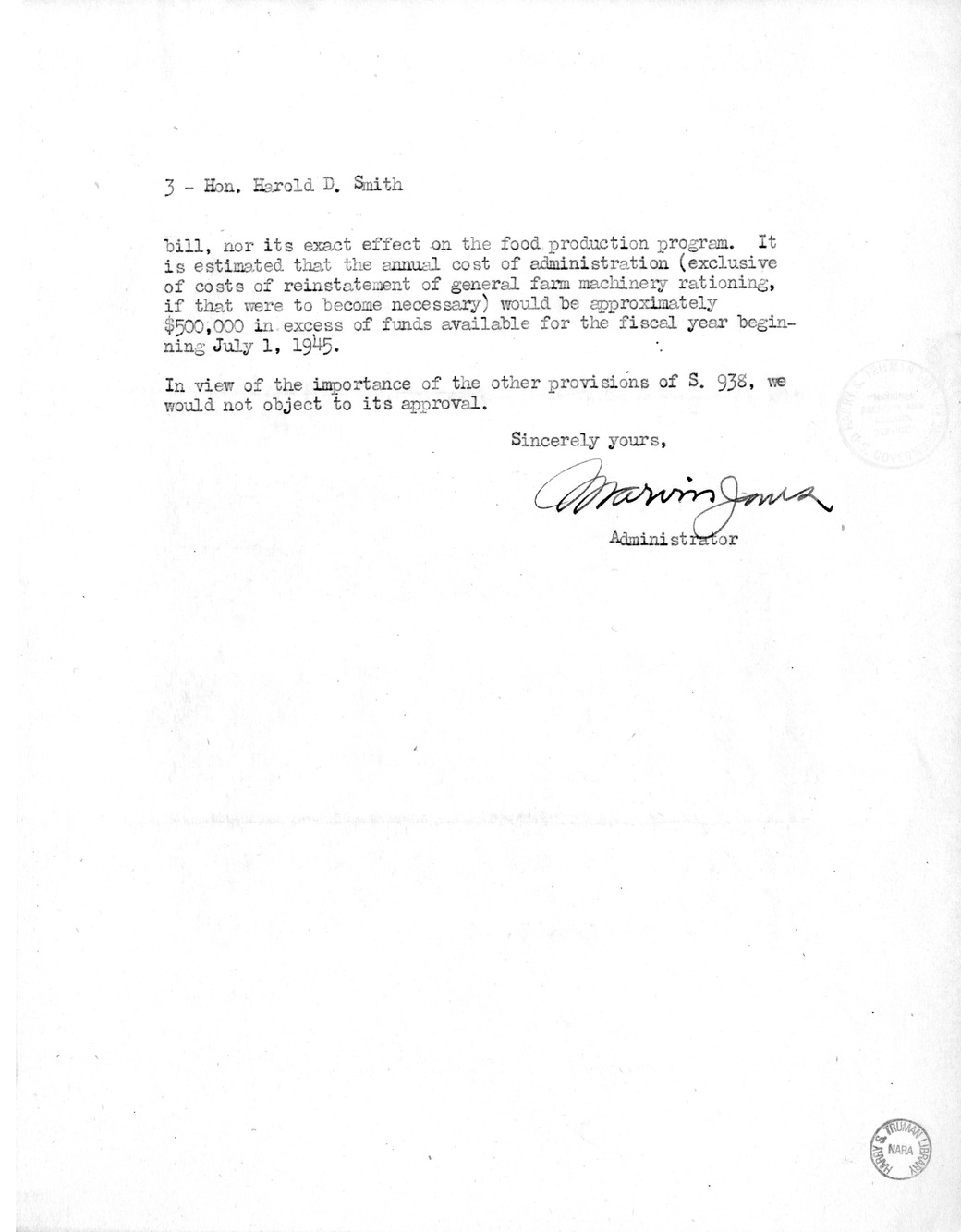 Memorandum from Harold D. Smith to M. C. Latta, S. 938, To Provide for Emergency Flood Control Work Made Necessary by Recent Floods, with Attachments