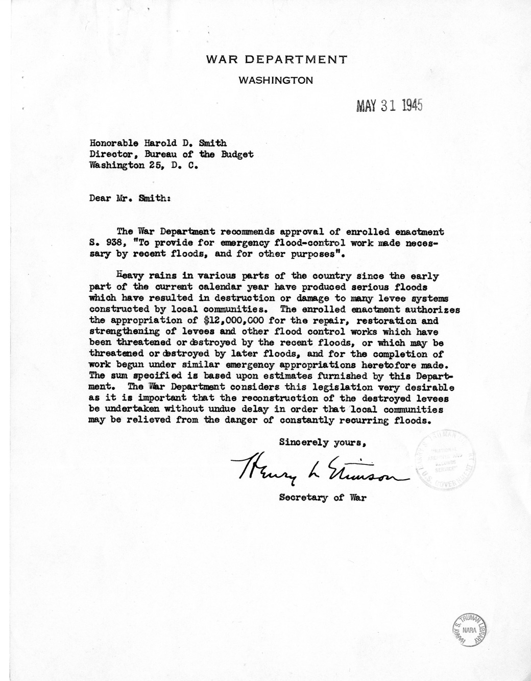 Memorandum from Harold D. Smith to M. C. Latta, S. 938, To Provide for Emergency Flood Control Work Made Necessary by Recent Floods, with Attachments