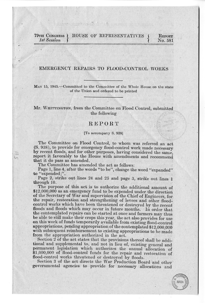 Memorandum from Harold D. Smith to M. C. Latta, S. 938, To Provide for Emergency Flood Control Work Made Necessary by Recent Floods, with Attachments