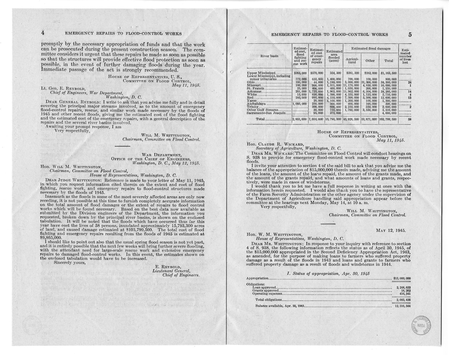 Memorandum from Harold D. Smith to M. C. Latta, S. 938, To Provide for Emergency Flood Control Work Made Necessary by Recent Floods, with Attachments