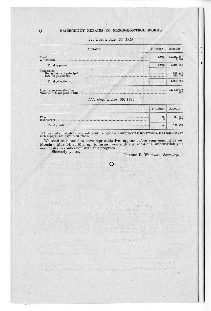 Memorandum from Harold D. Smith to M. C. Latta, S. 938, To Provide for Emergency Flood Control Work Made Necessary by Recent Floods, with Attachments