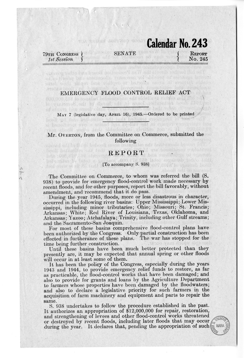 Memorandum from Harold D. Smith to M. C. Latta, S. 938, To Provide for Emergency Flood Control Work Made Necessary by Recent Floods, with Attachments