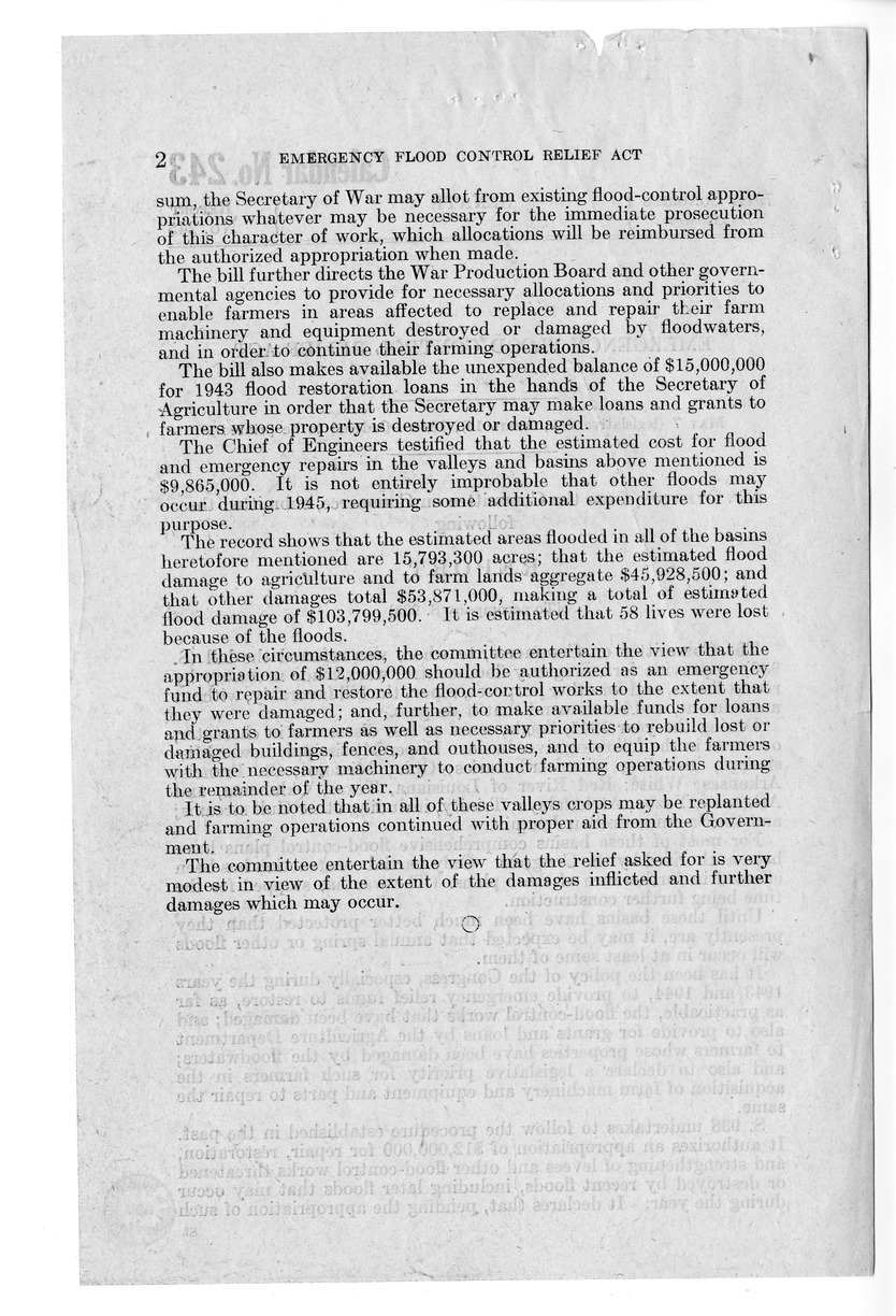 Memorandum from Harold D. Smith to M. C. Latta, S. 938, To Provide for Emergency Flood Control Work Made Necessary by Recent Floods, with Attachments