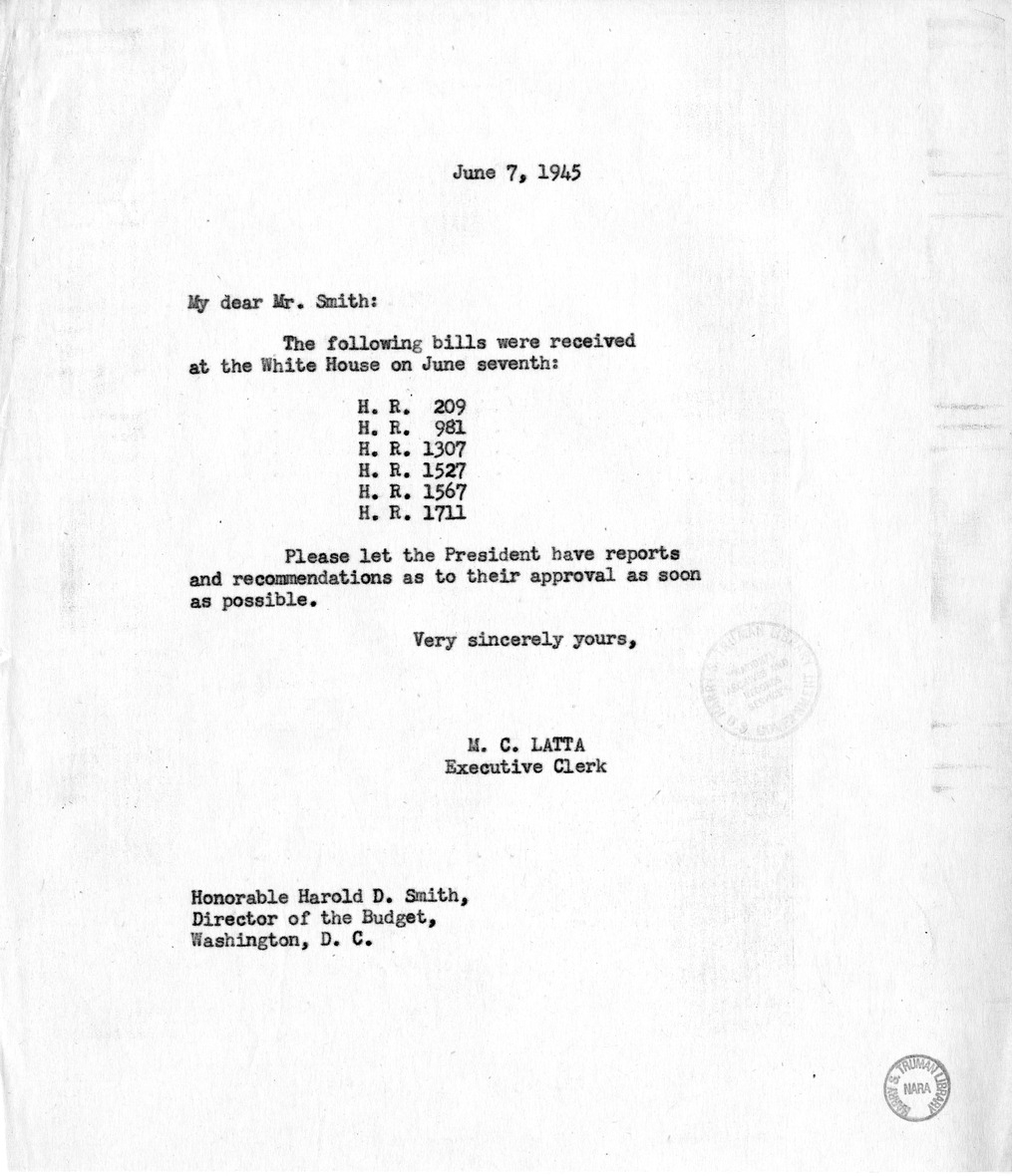 Memorandum from M. C. Latta to Harold D. Smith