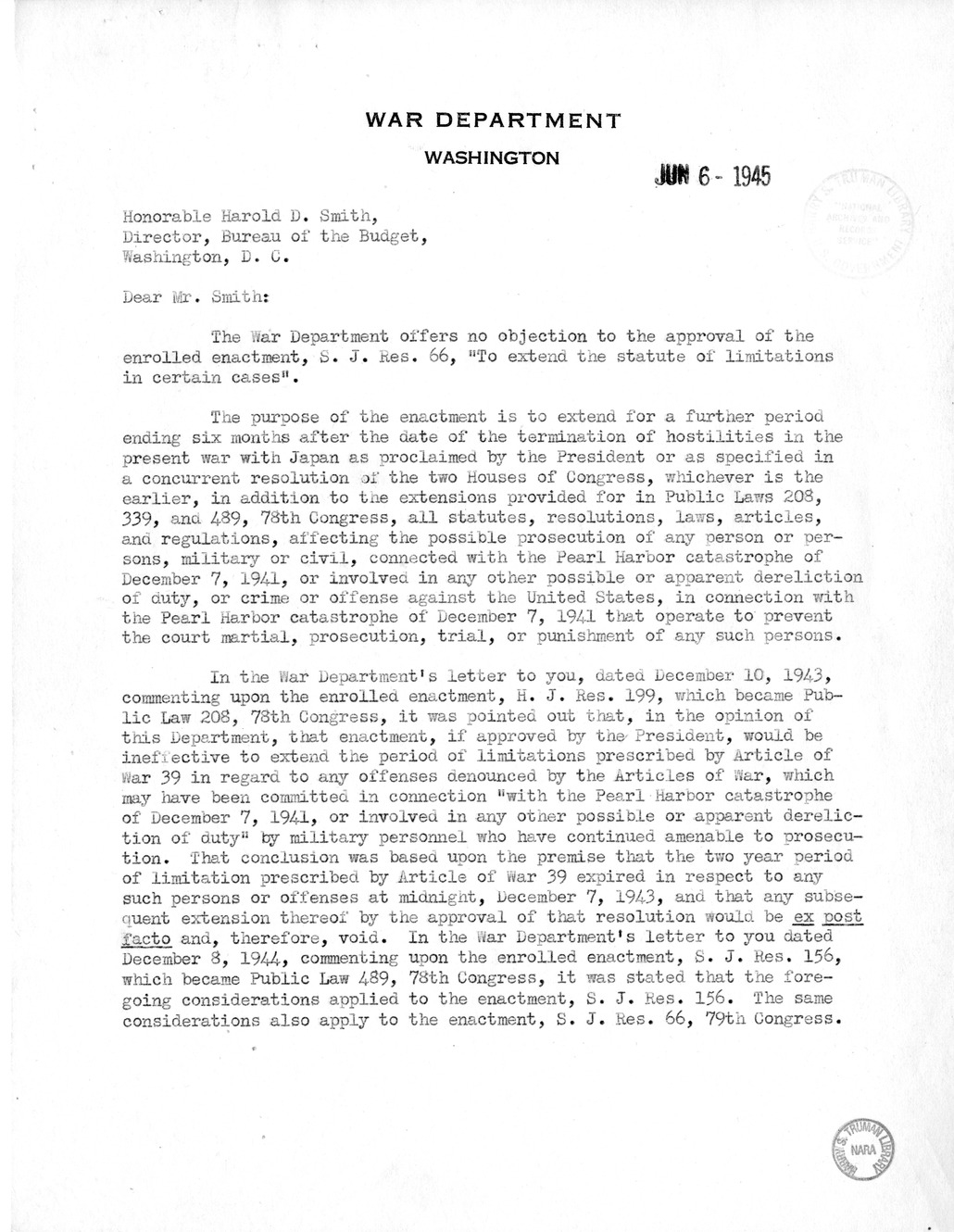 Memorandum from Harold D. Smith to M. C. Latta, S.J. Res. 66, to Extend the Statute of Limitations in Certain Cases, with Attachments